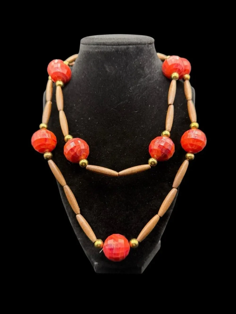 Bold Orange Bead and Wood Double Strand Long Station Necklace